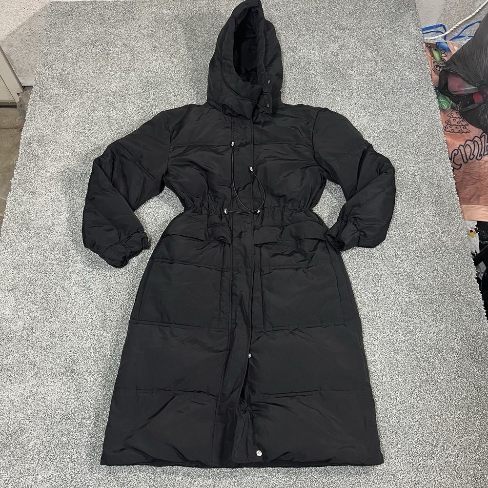 Express Womens XS Black Long Puffer Coat Hooded Cinch Waist Winter Jacket